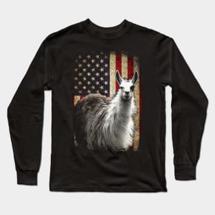 Furry Fiesta Llama American Flag Wildlife Couture Tee Delight Long Sleeve T-Shirt